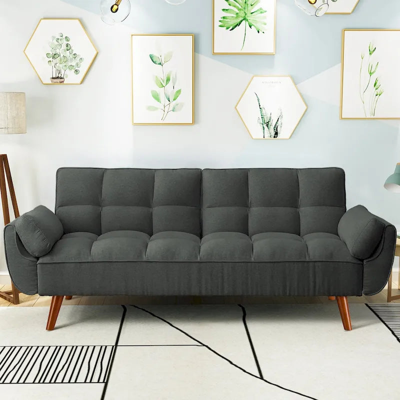 Modern Tufted Linen Futon Sofa Bed with Solid Wood Legs