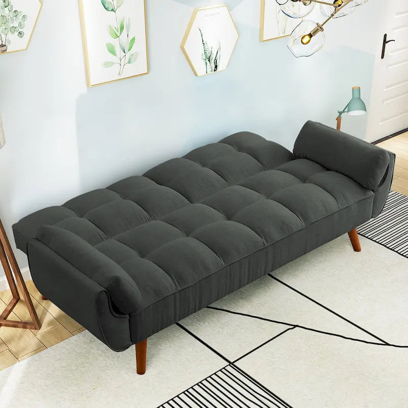 Modern Tufted Linen Futon Sofa Bed with Solid Wood Legs