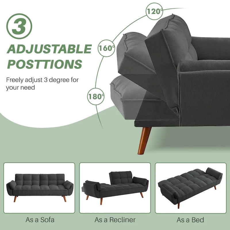 Modern Tufted Linen Futon Sofa Bed with Solid Wood Legs