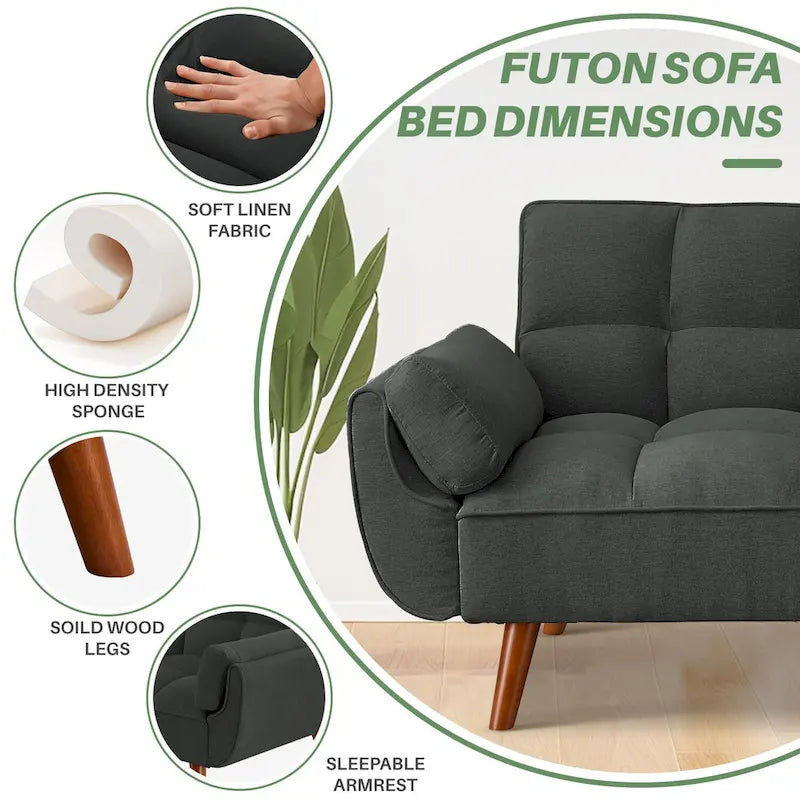 Modern Tufted Linen Futon Sofa Bed with Solid Wood Legs