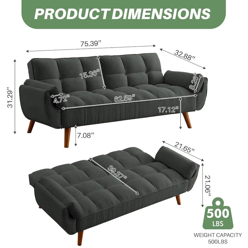 Modern Tufted Linen Futon Sofa Bed with Solid Wood Legs