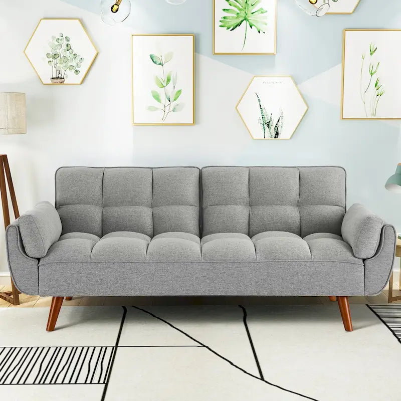 Modern Tufted Linen Futon Sofa Bed with Solid Wood Legs