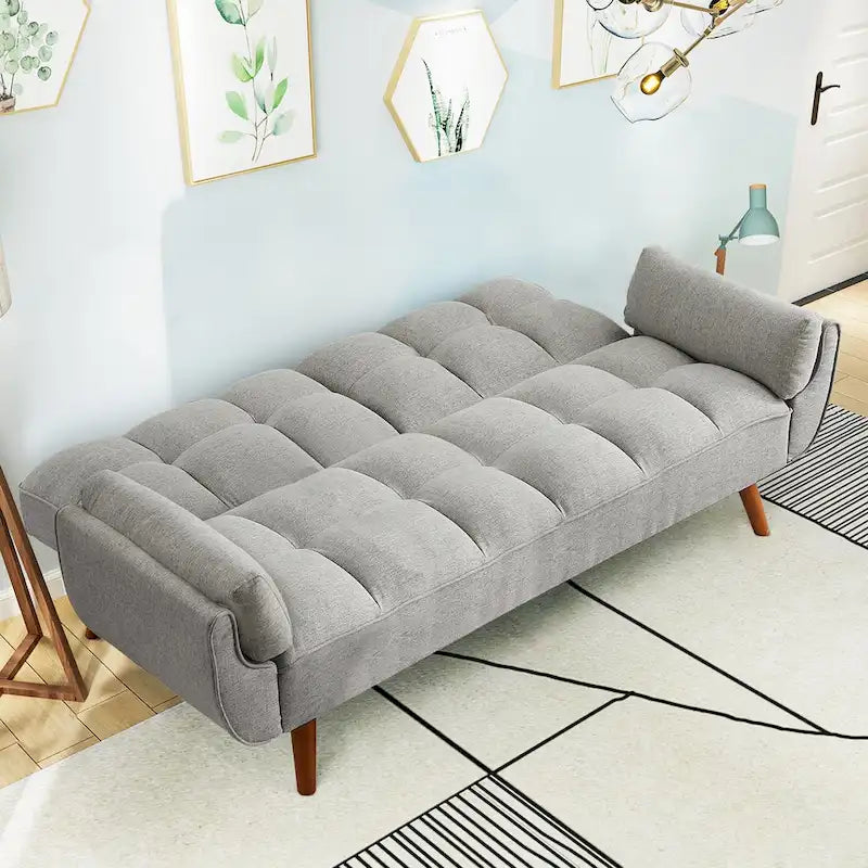 Modern Tufted Linen Futon Sofa Bed with Solid Wood Legs