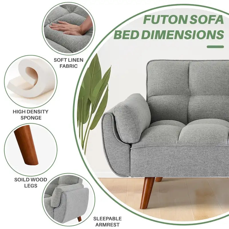 Modern Tufted Linen Futon Sofa Bed with Solid Wood Legs