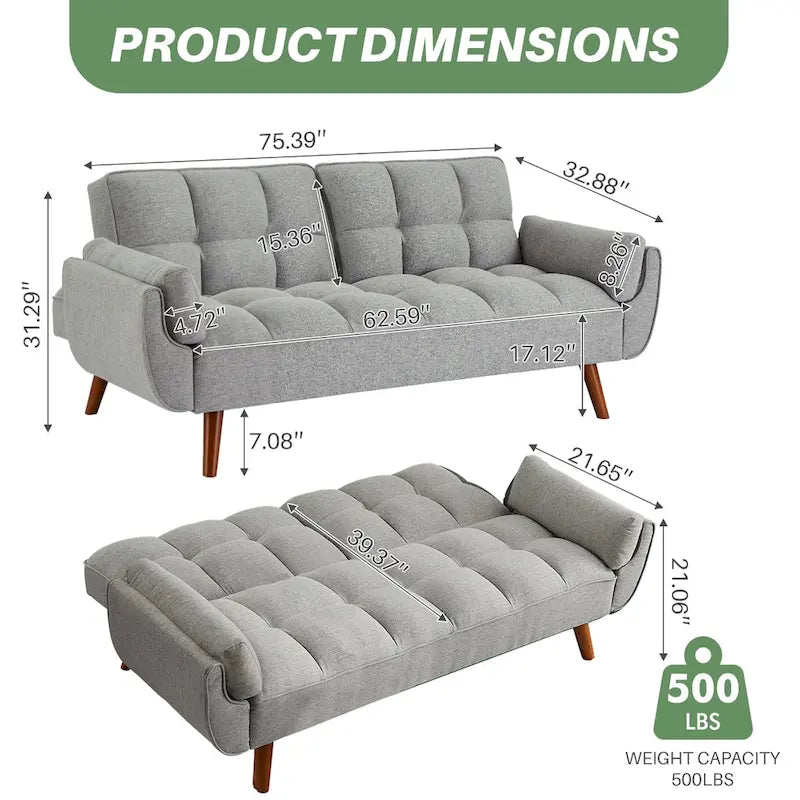 Modern Tufted Linen Futon Sofa Bed with Solid Wood Legs