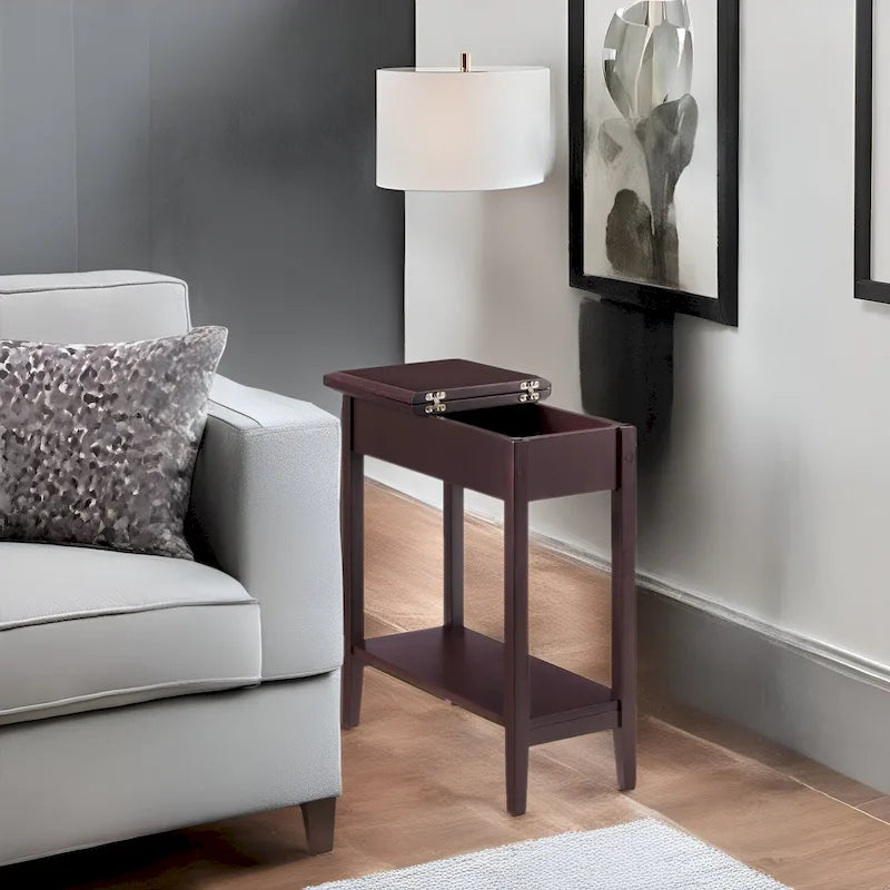Slim Rectangular Wooden Flip-Top Side Table with Storage and Shelf