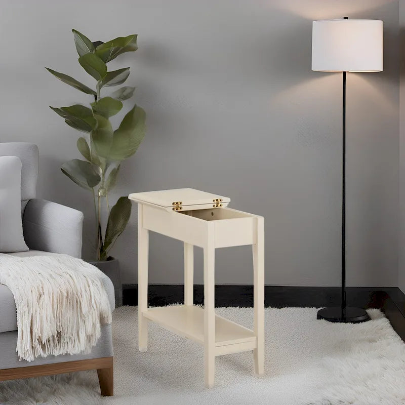 Slim Rectangular Wooden Flip-Top Side Table with Storage and Shelf