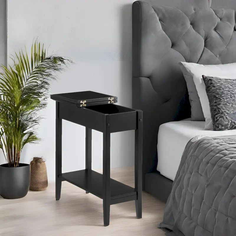 Slim Rectangular Wooden Flip-Top Side Table with Storage and Shelf