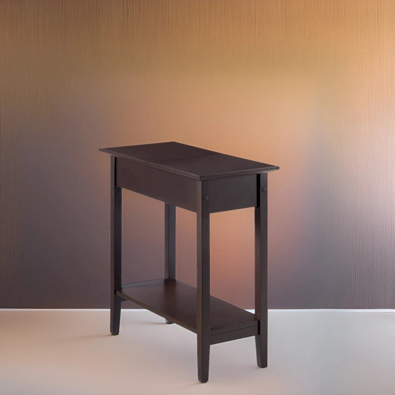Slim Rectangular Wooden Flip-Top Side Table with Storage and Shelf