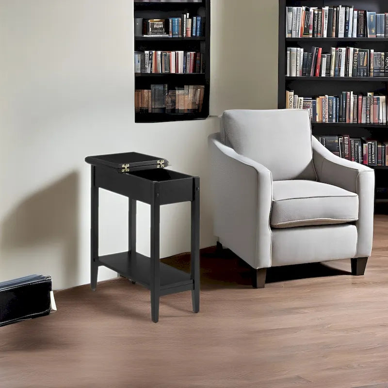 Slim Rectangular Wooden Flip-Top Side Table with Storage and Shelf