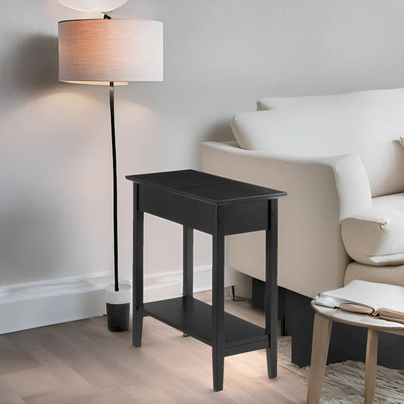 Slim Rectangular Wooden Flip-Top Side Table with Storage and Shelf