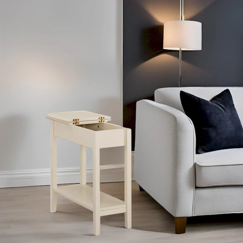 Slim Rectangular Wooden Flip-Top Side Table with Storage and Shelf