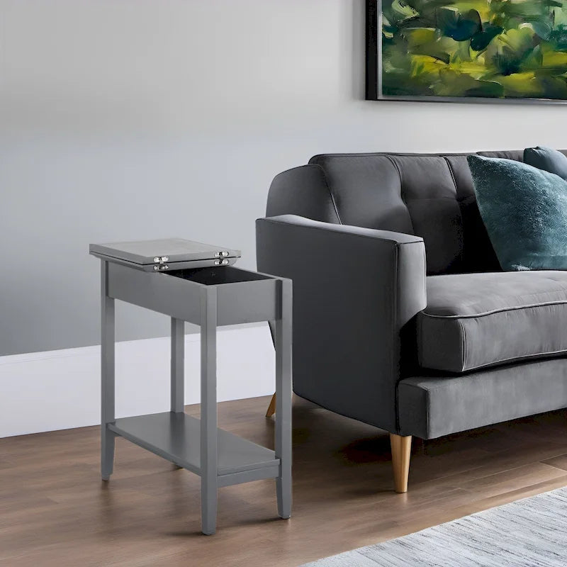 Slim Rectangular Wooden Flip-Top Side Table with Storage and Shelf