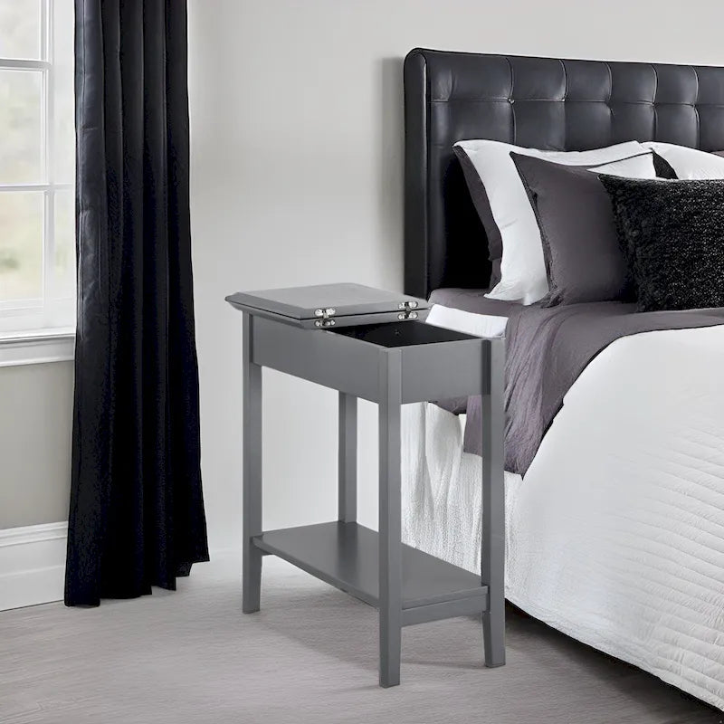Slim Rectangular Wooden Flip-Top Side Table with Storage and Shelf