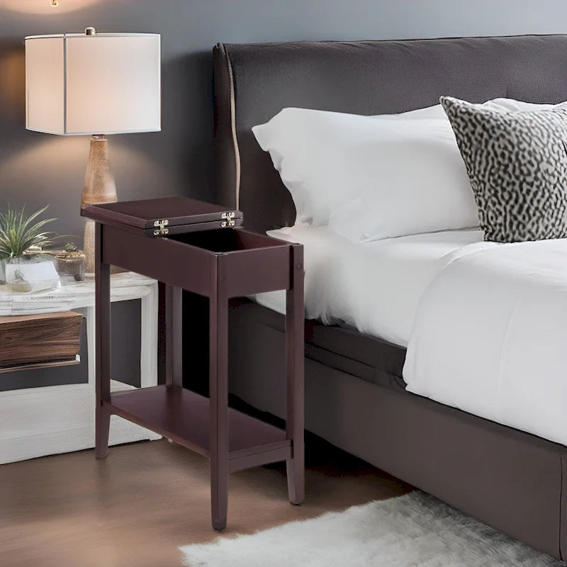 Slim Rectangular Wooden Flip-Top Side Table with Storage and Shelf