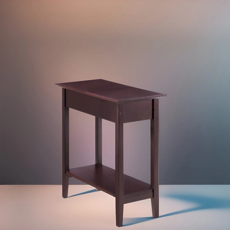 Slim Rectangular Wooden Flip-Top Side Table with Storage and Shelf