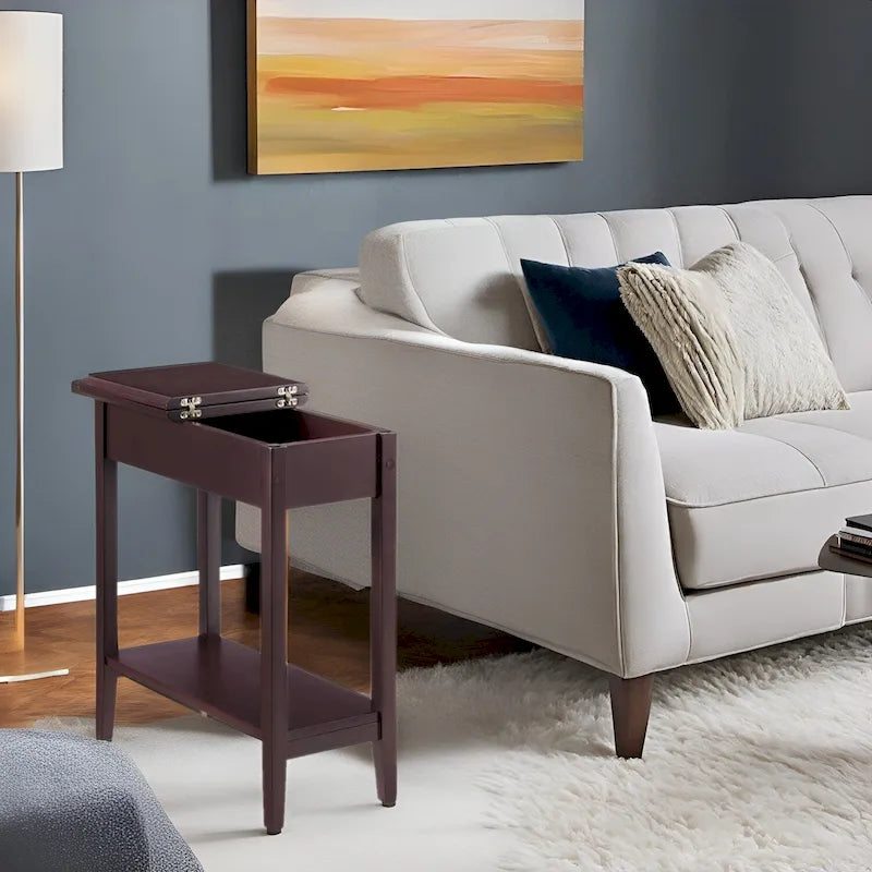 Slim Rectangular Wooden Flip-Top Side Table with Storage and Shelf