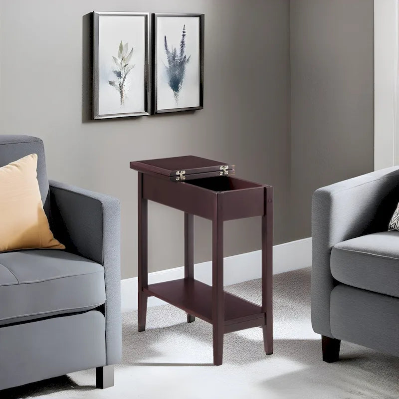 Slim Rectangular Wooden Flip-Top Side Table with Storage and Shelf