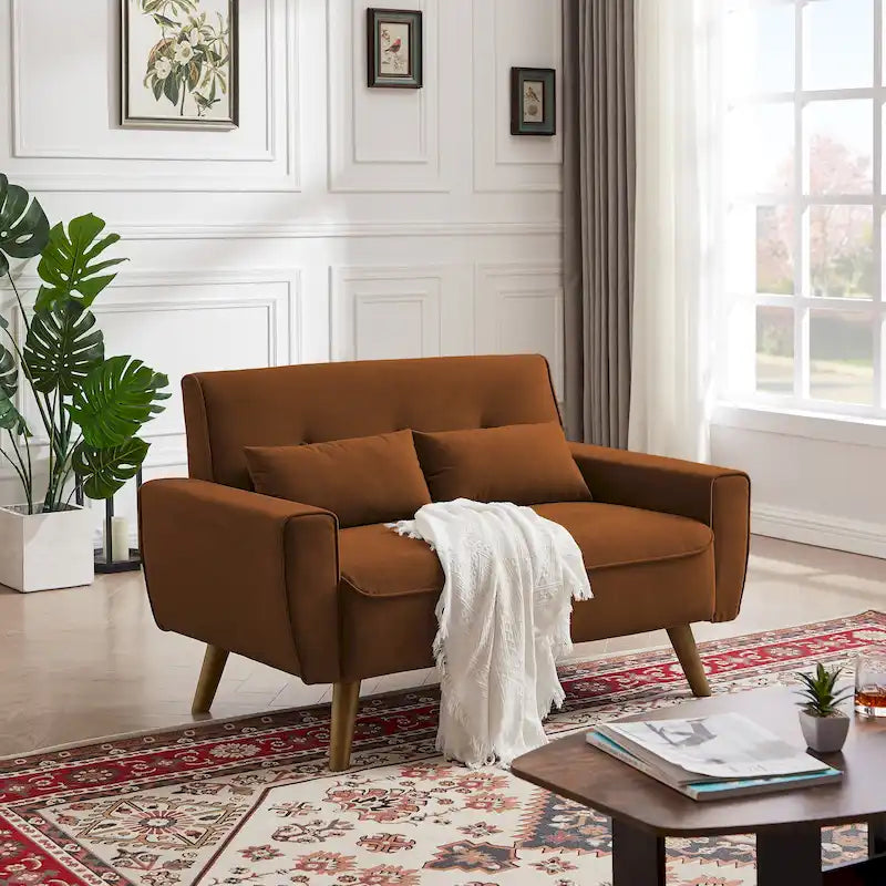 Compact Tufted Fabric Loveseat Sofa with Tapered Wooden Legs