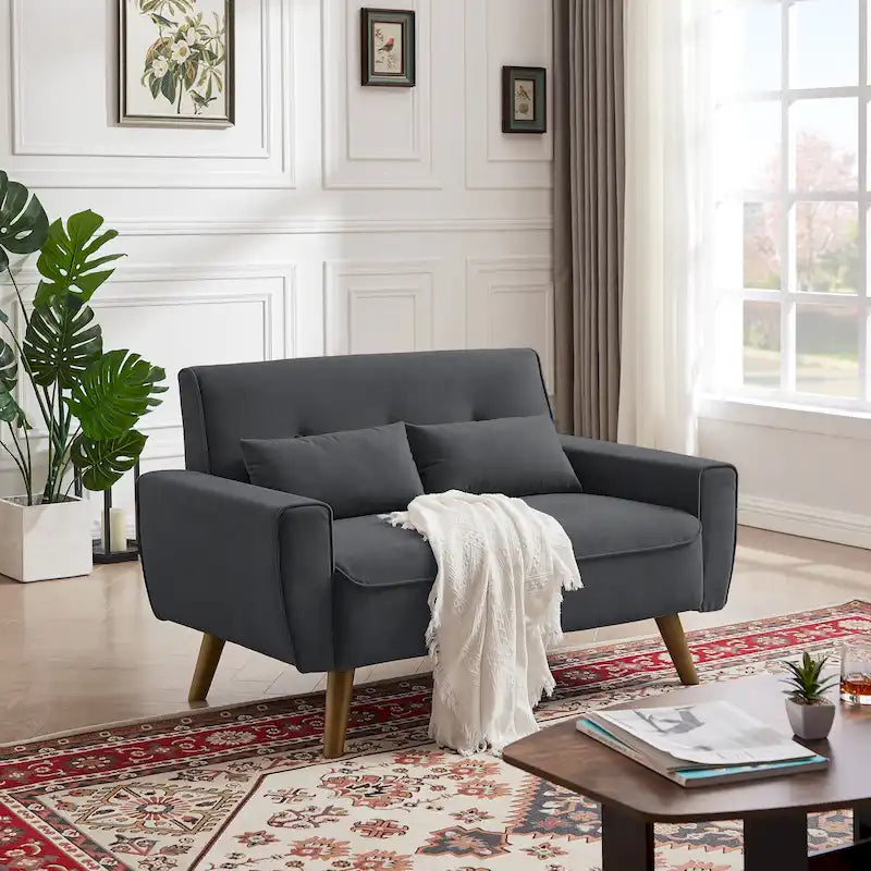 Compact Tufted Fabric Loveseat Sofa with Tapered Wooden Legs