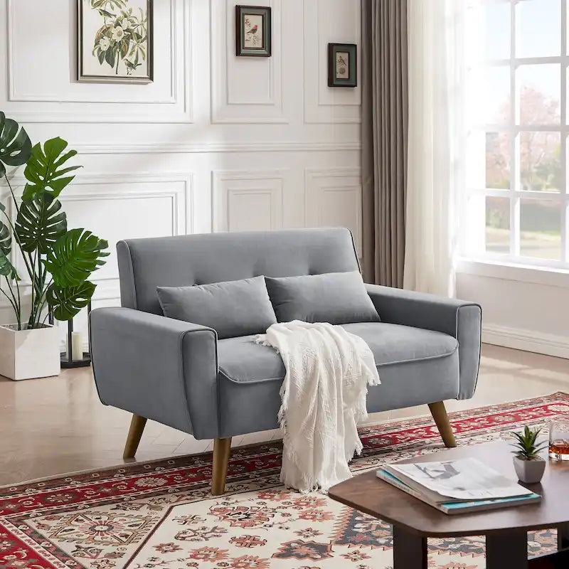 Compact Tufted Fabric Loveseat Sofa with Tapered Wooden Legs