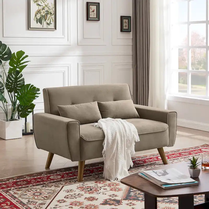 Compact Tufted Fabric Loveseat Sofa with Tapered Wooden Legs