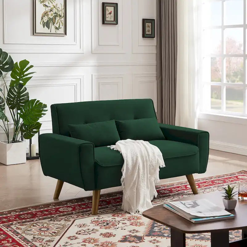 Compact Tufted Fabric Loveseat Sofa with Tapered Wooden Legs