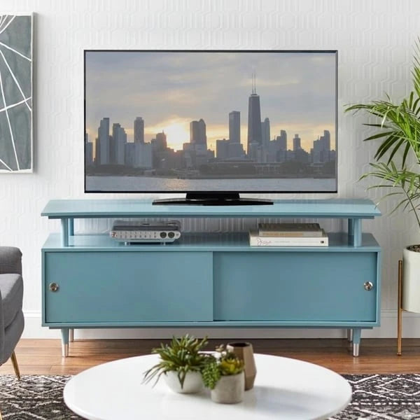Mid-Century Modern Wood TV Stand with Sliding Doors and Storage