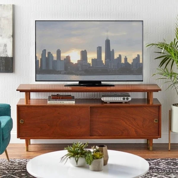 Mid-Century Modern Wood TV Stand with Sliding Doors and Storage