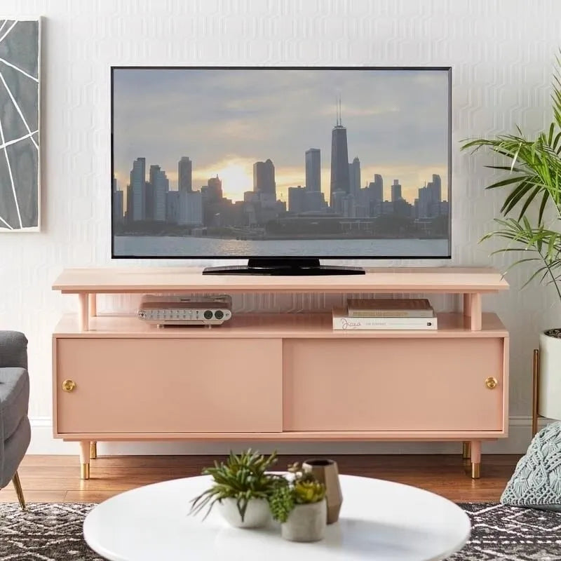 Mid-Century Modern Wood TV Stand with Sliding Doors and Storage