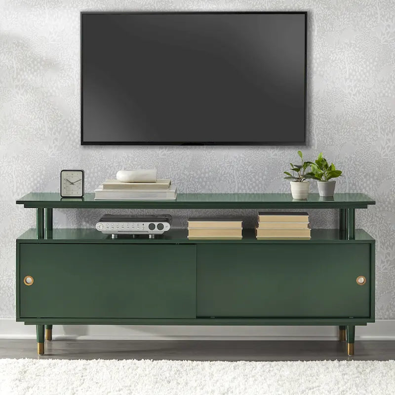 Mid-Century Modern Wood TV Stand with Sliding Doors and Storage