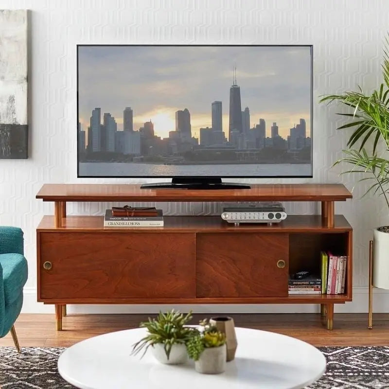 Mid-Century Modern Wood TV Stand with Sliding Doors and Storage