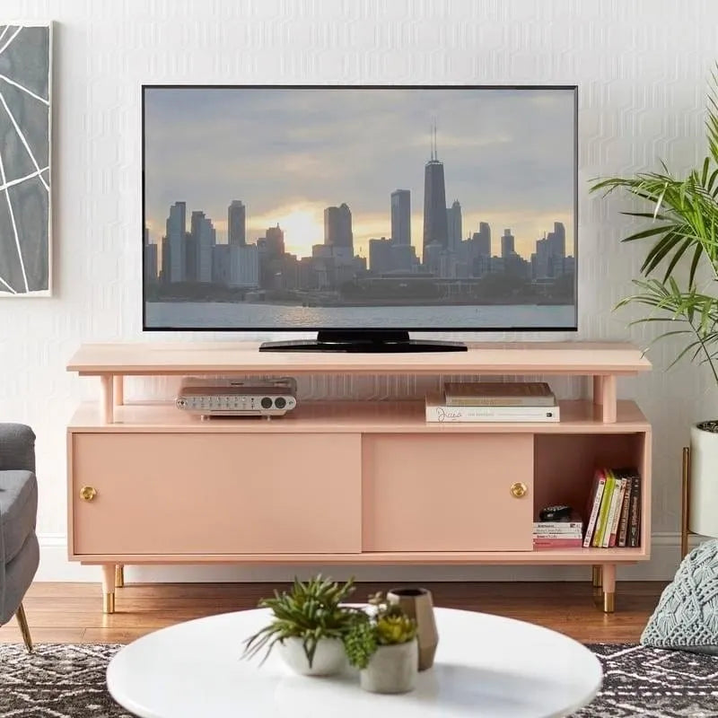 Mid-Century Modern Wood TV Stand with Sliding Doors and Storage