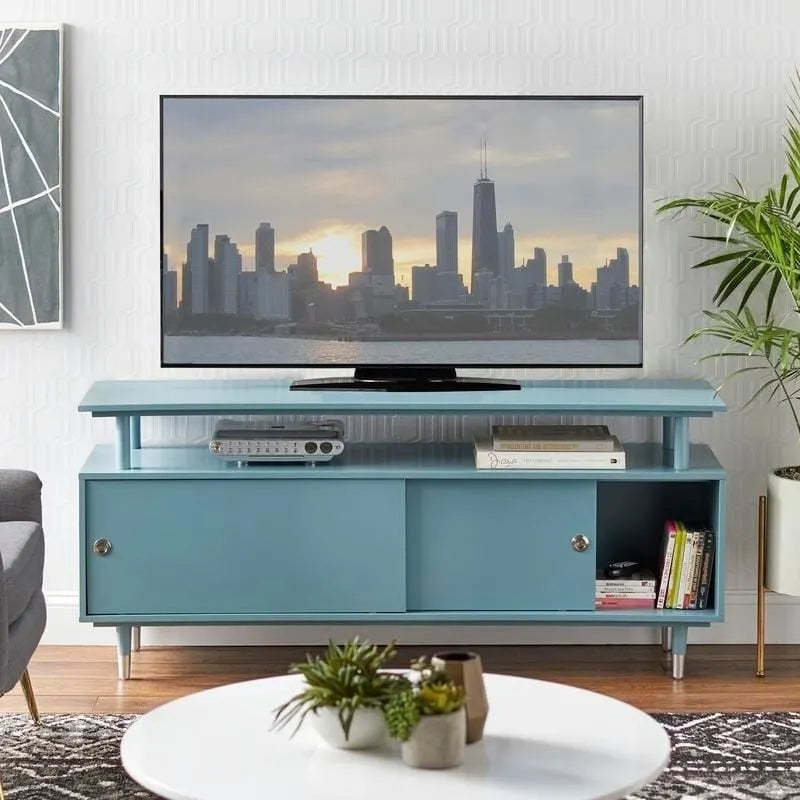 Mid-Century Modern Wood TV Stand with Sliding Doors and Storage