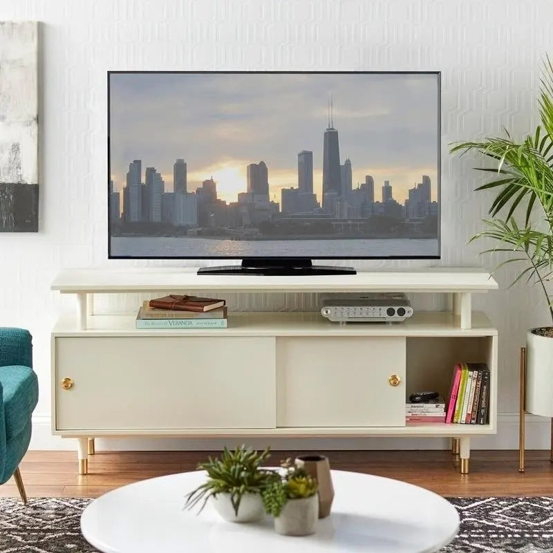 Mid-Century Modern Wood TV Stand with Sliding Doors and Storage