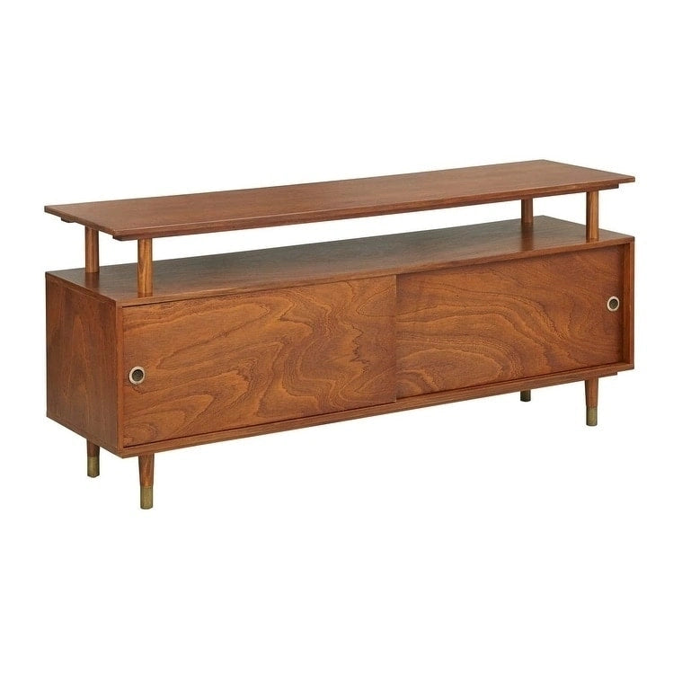 Mid-Century Modern Wood TV Stand with Sliding Doors and Storage