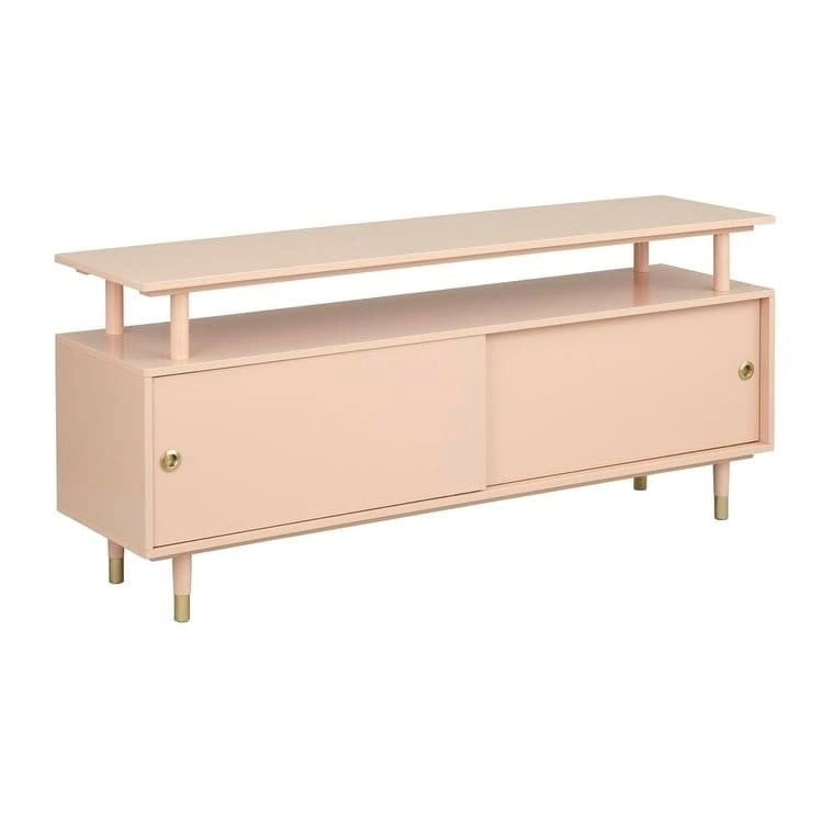 Mid-Century Modern Wood TV Stand with Sliding Doors and Storage
