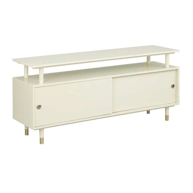 Mid-Century Modern Wood TV Stand with Sliding Doors and Storage