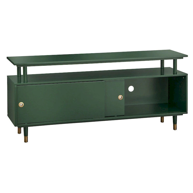 Mid-Century Modern Wood TV Stand with Sliding Doors and Storage