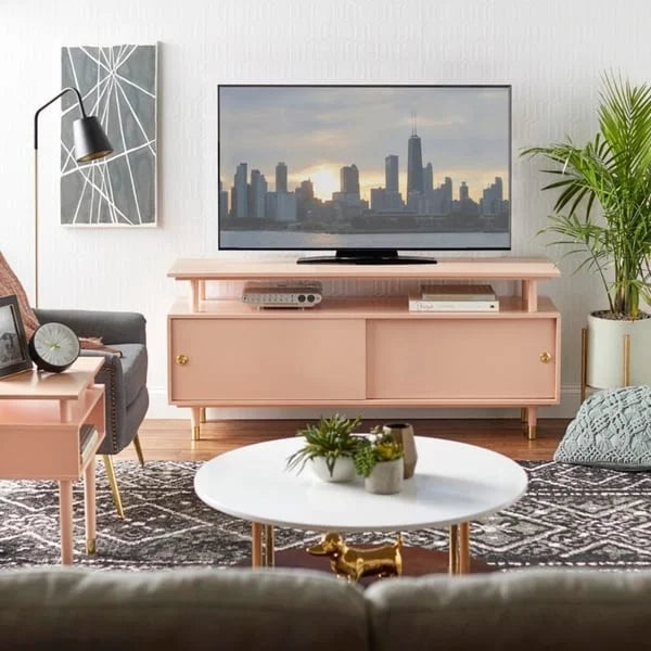 Mid-Century Modern Wood TV Stand with Sliding Doors and Storage