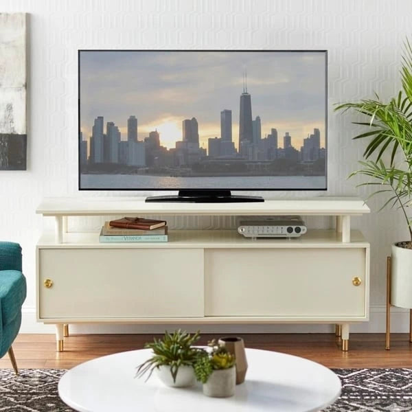 Mid-Century Modern Wood TV Stand with Sliding Doors and Storage