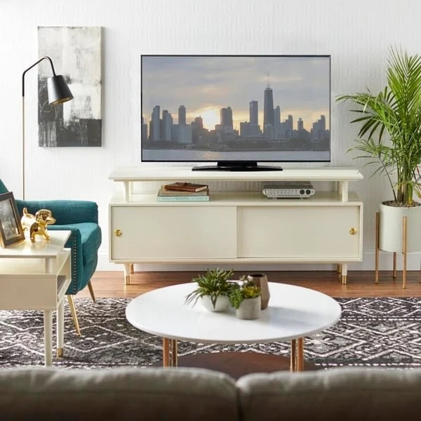 Mid-Century Modern Wood TV Stand with Sliding Doors and Storage