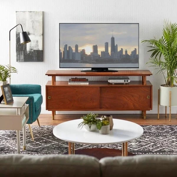 Mid-Century Modern Wood TV Stand with Sliding Doors and Storage