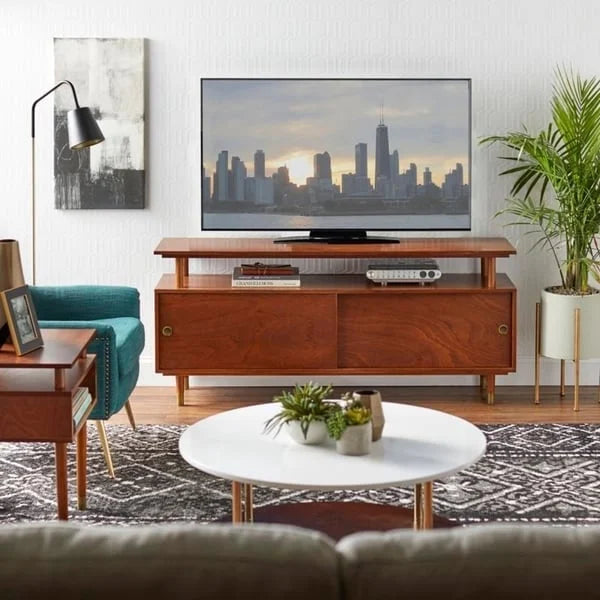 Mid-Century Modern Wood TV Stand with Sliding Doors and Storage