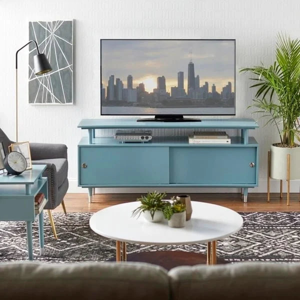 Mid-Century Modern Wood TV Stand with Sliding Doors and Storage