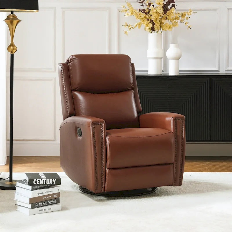 Modern Genuine Leather Wingback Swivel Rocker Recliner with Nailhead Trim