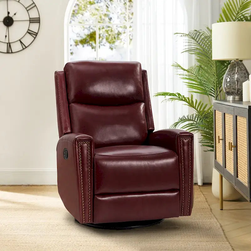 Modern Genuine Leather Wingback Swivel Rocker Recliner with Nailhead Trim