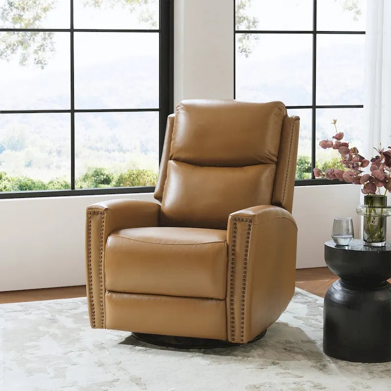 Modern Genuine Leather Wingback Swivel Rocker Recliner with Nailhead Trim