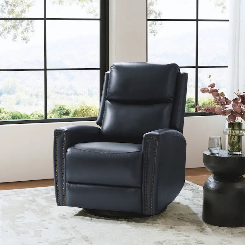 Modern Genuine Leather Wingback Swivel Rocker Recliner with Nailhead Trim