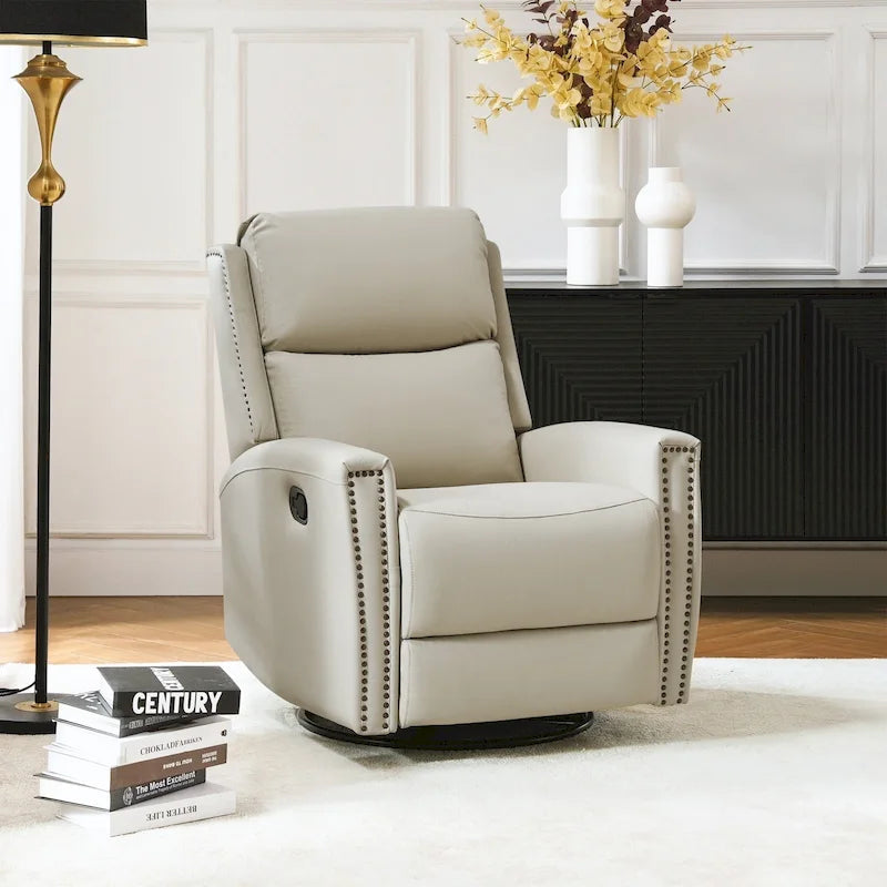 Modern Genuine Leather Wingback Swivel Rocker Recliner with Nailhead Trim